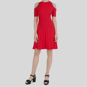 The Kooples Red Fit Flare Jewel Cold Shoulder Knit Dress